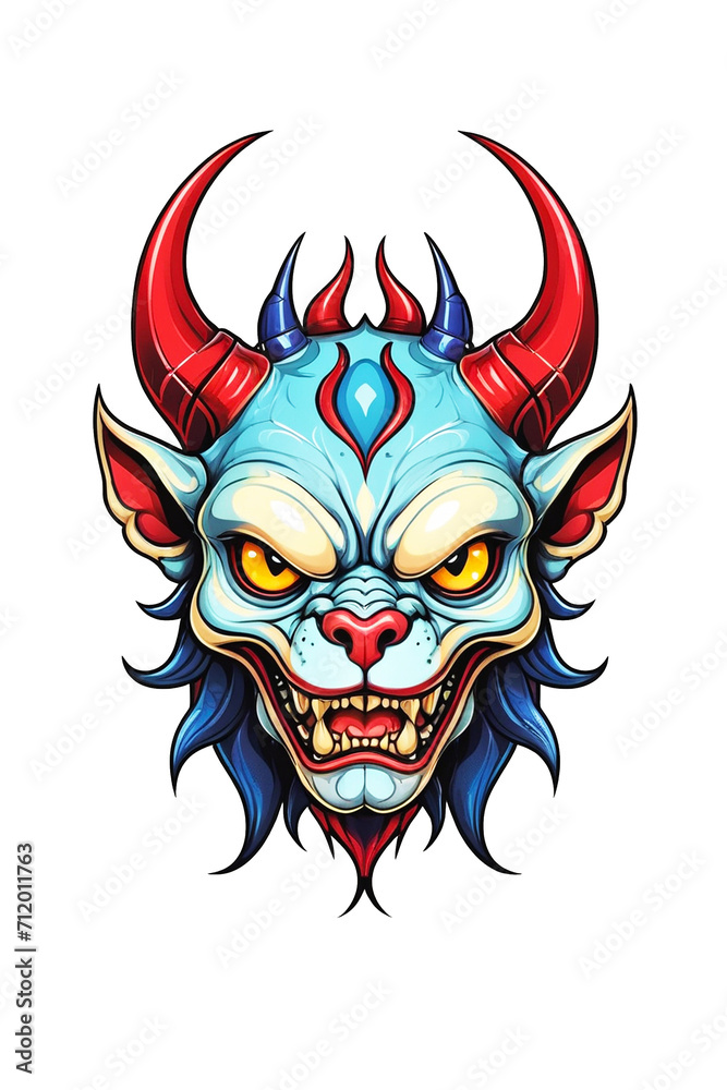 Devil dog head mascot with horns and aggressive expression