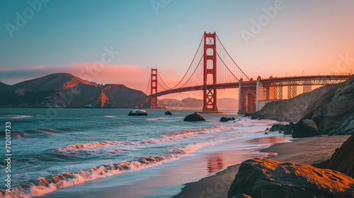 早朝のカリフォルニア州サンフランシスコの象徴的なランドマーク、ゴールデン ゲート ブリッジGenerativeAI photo