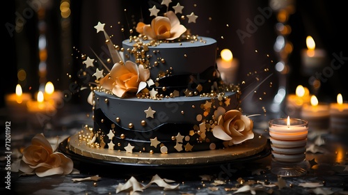 A glamorous Hollywood-themed cake with layers resembling film reels and adorned with edible gold stars and a clapperboard cake topper