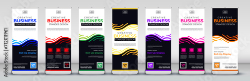 wave Business roll up banner design for business events, annual meetings, presentations, marketing, promotions, in blue, red, green, yellow, purple, pink and orange
