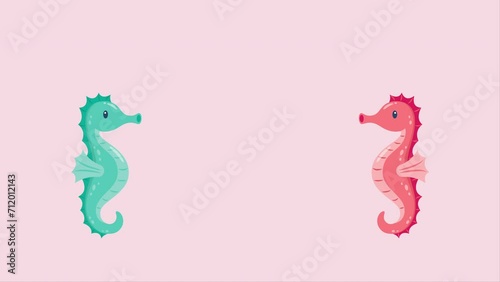 Couple seahorses in love motion. 4k video animated