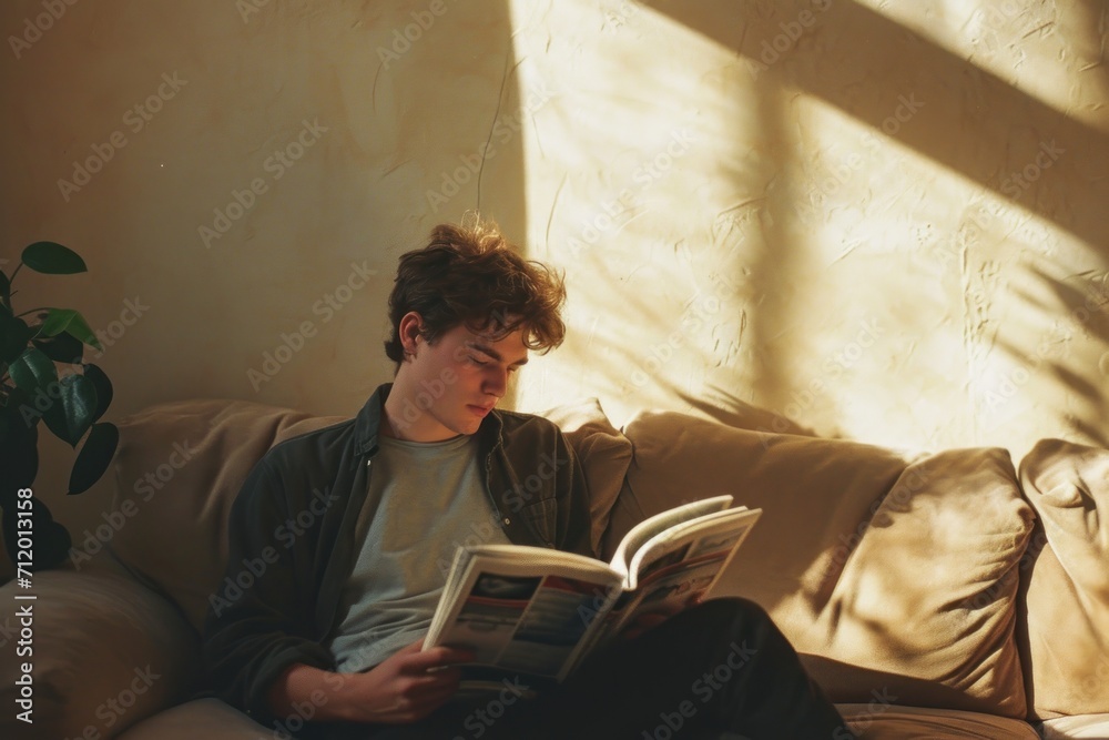 Young man reading book magazine on sofa at home. Young man reading book magazine on sofa at home.