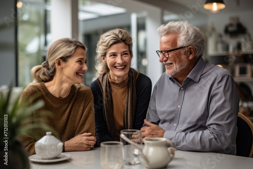 Senior couple enjoying a cup of coffee while discussing their investment goals with their trusted advisor, Generative AI