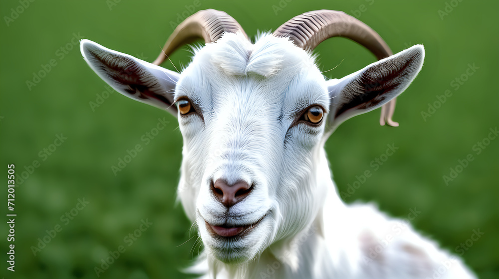 Close up goat in field farm. Healthy goat. Goat smiling. Generated with AI.