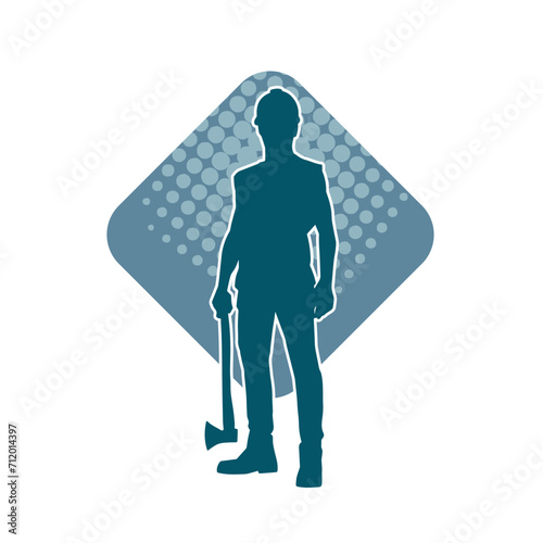 Silhouette of a worker in action pose using his axe tool.