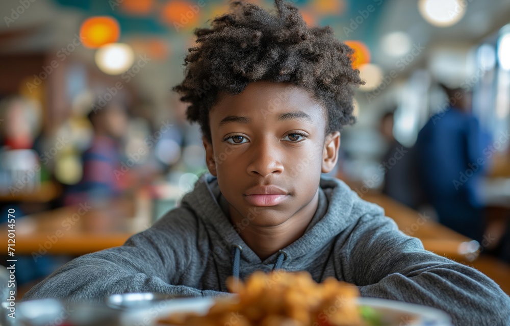 Middle School African American Boy at Lunch created with Generative AI Technology, ai, generative Middle School African American Boy at Lunch created with Generative AI Technology, ai, generative