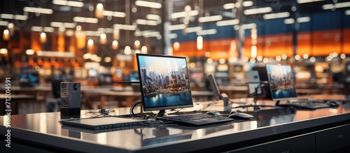 blurred background of electronics department store, television and laptop Computer