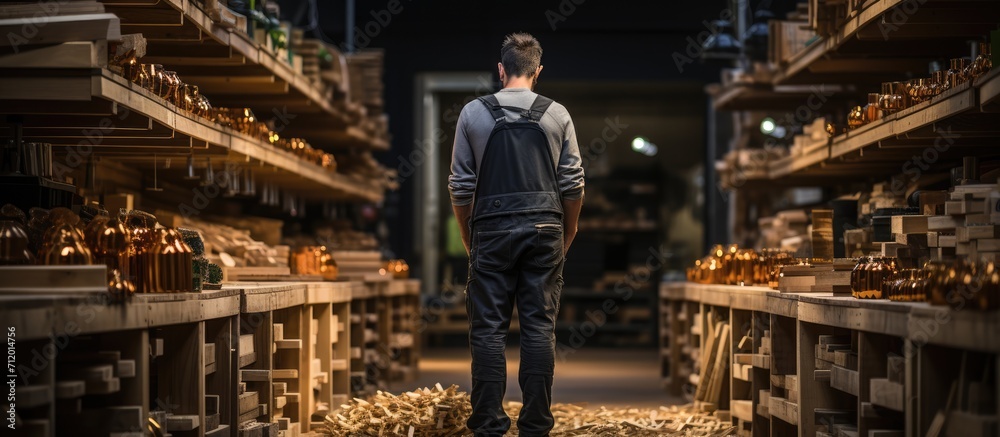 Carpenter selecting shelf wood in hardware store Carpenter selecting shelf wood in hardware store