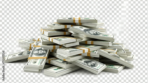 Money Pile of packs of hundred dollar bills stacks isolated on transparent background