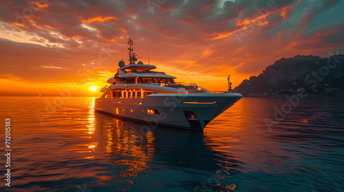 A slight futuristic very cozy luxury yacht at sunset, the dimmed lighting on the yacht is slightly amber color, all in all the atmosphere is very romantic.