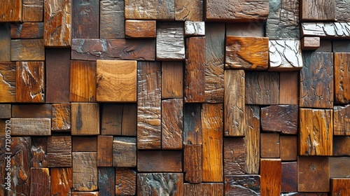 Abstract wooden wall texture with glossy, glazed mosaic tiles in a random geometric pattern, adding depth and interest.