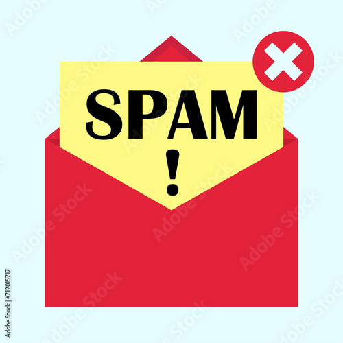 Vector illustration of mail letter with spam message. Symbol of spam threat. Spam email message, virus, vector icon. 