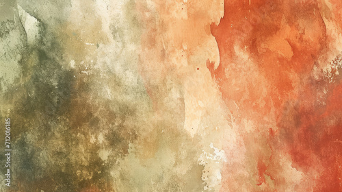 Abstract watercolor background on canvas with a dynamic mix of olive green, rust red and taupe photo