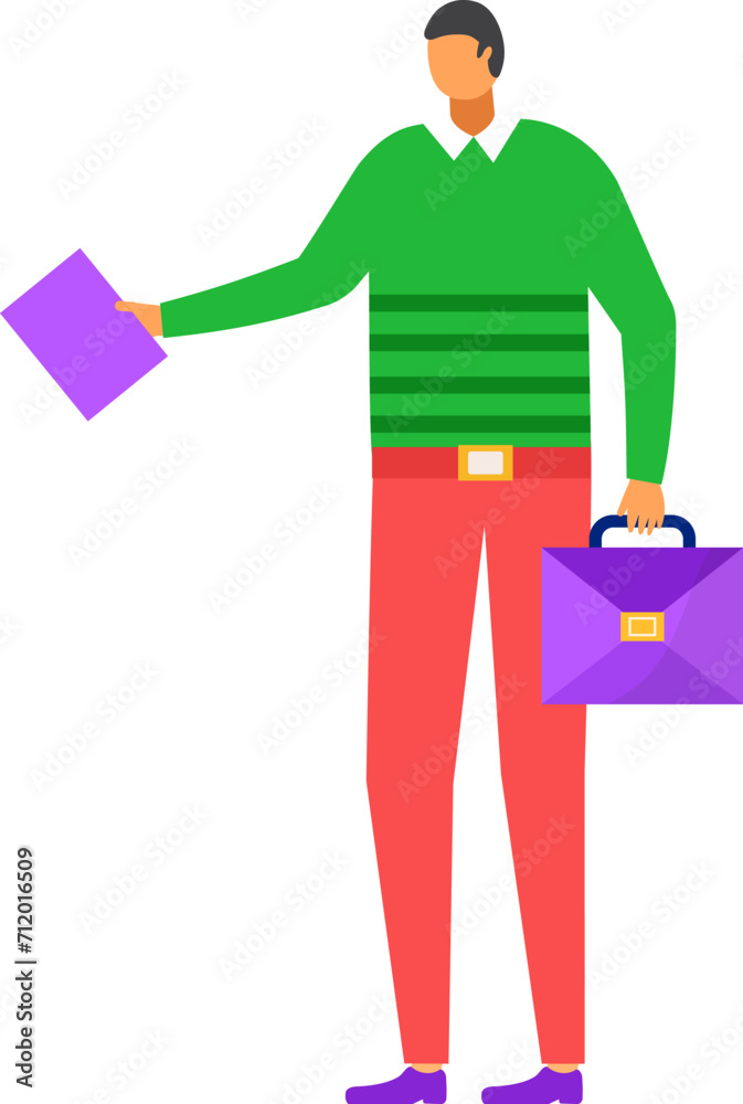 Young businessman in sweater and slacks holding a briefcase and folder. Professional male with documents ready for work vector illustration. Young businessman in sweater and slacks holding a briefcase and folder. Professional male with documents ready for work vector illustration.