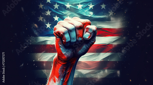 Raised Human Fist with American USA Flag. Watercolor Illustration Art Oil Painting for Independence Day (4th of July) and Black History Month