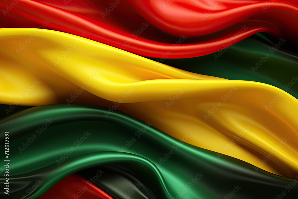 Abstract Colorful Silk Wave Fabric in Green, Yellow, and Red colors. Black History Month Concept Background