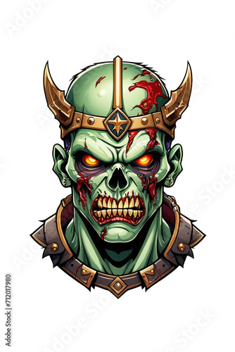 Zombie head soldier with crown isolated on white background