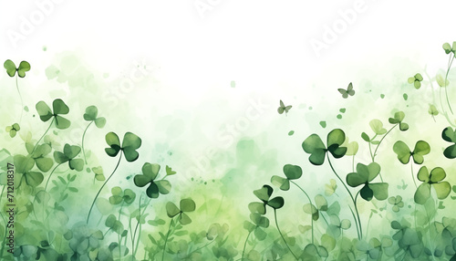 Closeup and crop shamrock plants on bokeh with space for texts and green background. Saint Patricks Day greeting card and poster. Web banner design. Green watercolor illustration for st Patricks day. photo