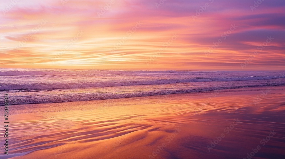 An abstract summer sunset at the beach, with layers of orange, purple, and pink, blending into each other like a warm, fading summer day