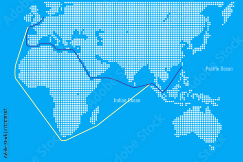 Africa Detour Shipping Route. Alternative Distribution Route from Red Sea and Suez Canal Tension.