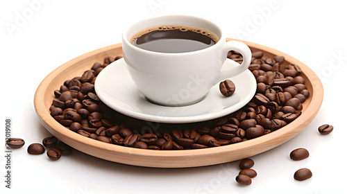 glass cup filled with coffee with coffee beans, isolated on white