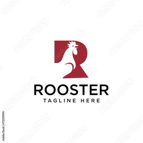 Monogram Combination of Initial Letter R with Chicken Head for Chicken Logo Design Vector. negative space letter R and chicken illustration logo