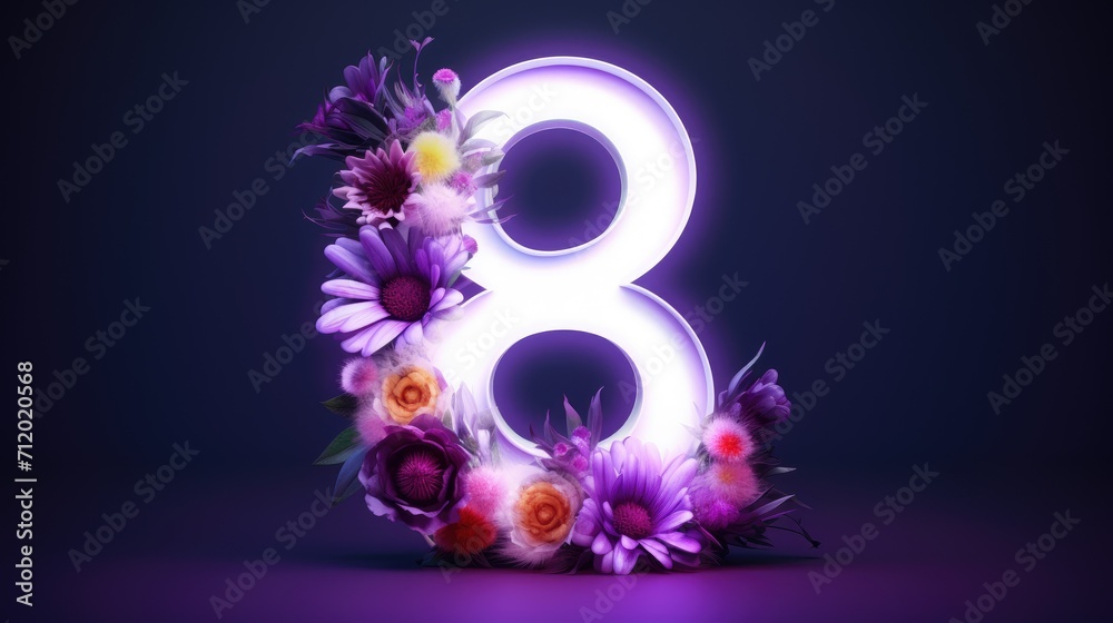 A three-dimensional figure eight on a purple background, decorated with delicate flowers. A greeting card for women's Day. A three-dimensional figure eight on a purple background, decorated with delicate flowers. A greeting card for women's Day.