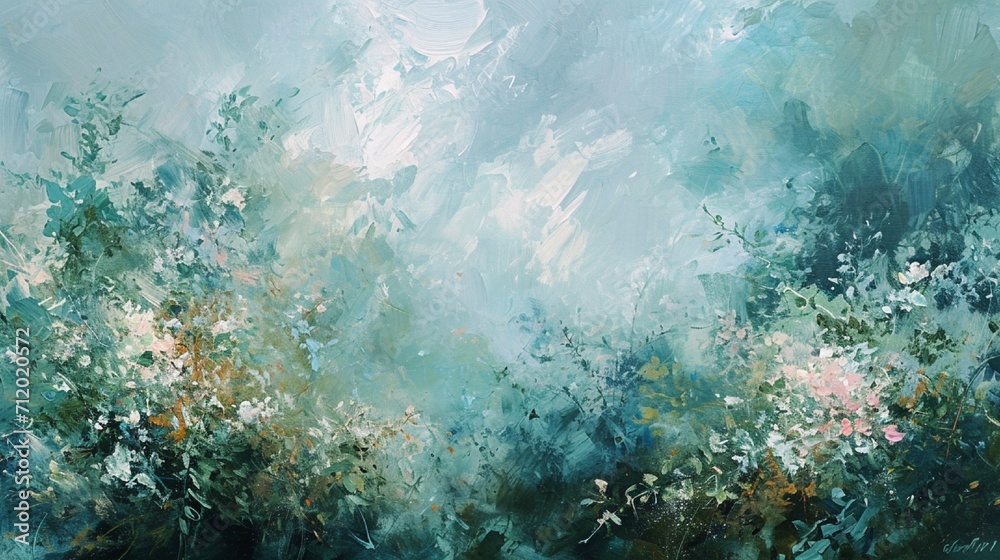 An ethereal abstract representation of a misty spring garden, with soft greens, blues, and hints of floral pinks, creating a dreamlike quality