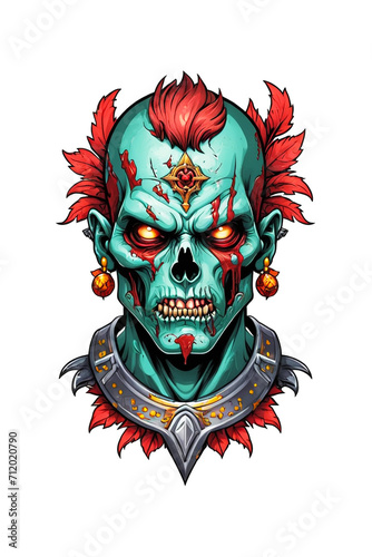 Zombie head soldier with crown isolated on white background