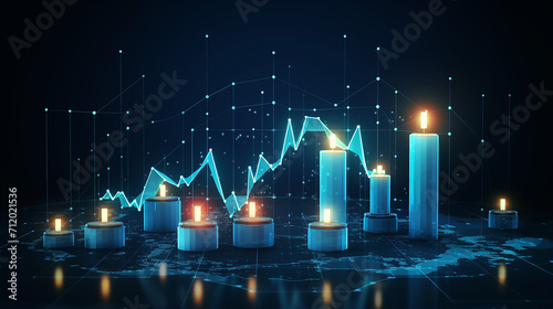 abstract stock market candlesticks and world map on technology blue background.