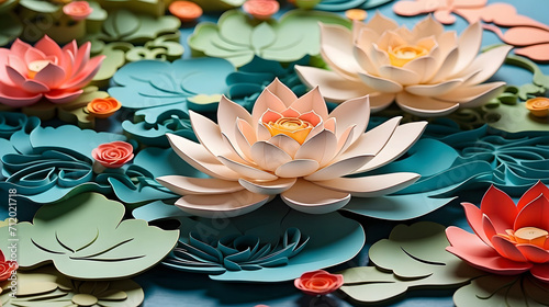 An intricate paper cut artwork featuring a lotus flower, symbolizing spiritual growth and enlightenment.