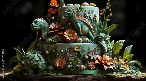A playful dinosaur-themed cake with layers resembling dinosaur scales and adorned with edible dinosaur figurines and foliage