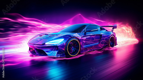 futuristic car in motion with neon fast lines