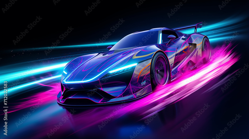 futuristic car in motion with neon fast lines