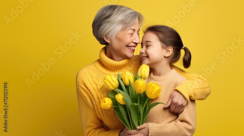 A cute little girl congratulates her grandmother and gives her a bouquet of tulip flowers on a yellow background. Happy family holiday, women's Day.