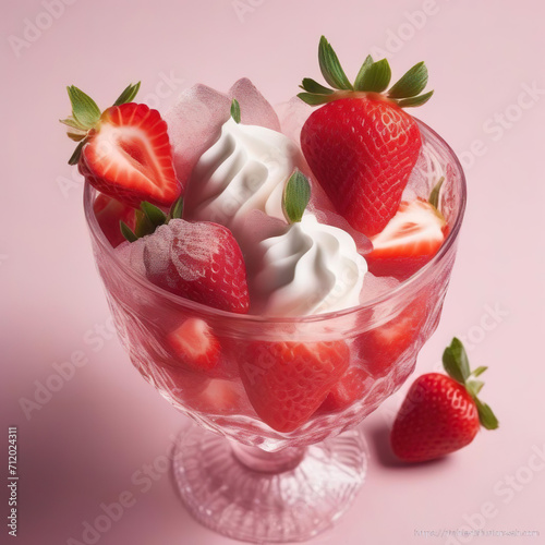 Copa de cristal transparente con fresas con nata dentro