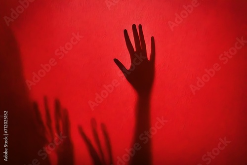shadow of female thin fragile fingers on red grainy paper, Shadows patterned background. Light and shadow backdrop. copy space