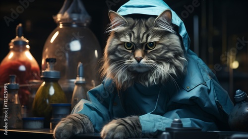 A cat wearing a blue raincoat in a laboratory