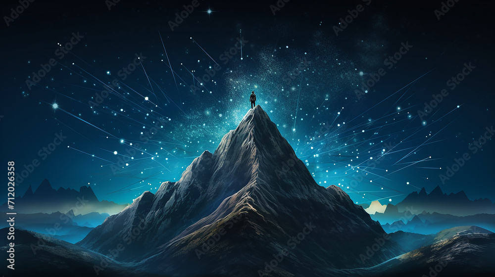 techno blue background with digital mountain with a flag and professional climber