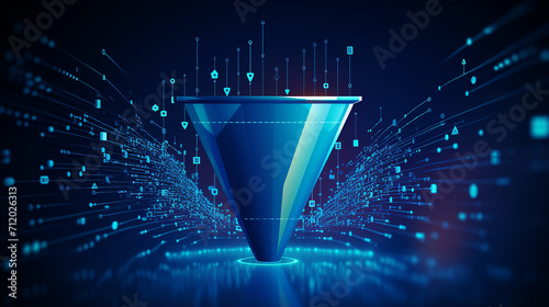 techno blue background with digital funnel and abstract data flow