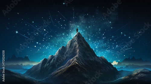 techno blue background with digital mountain with a flag and professional climber