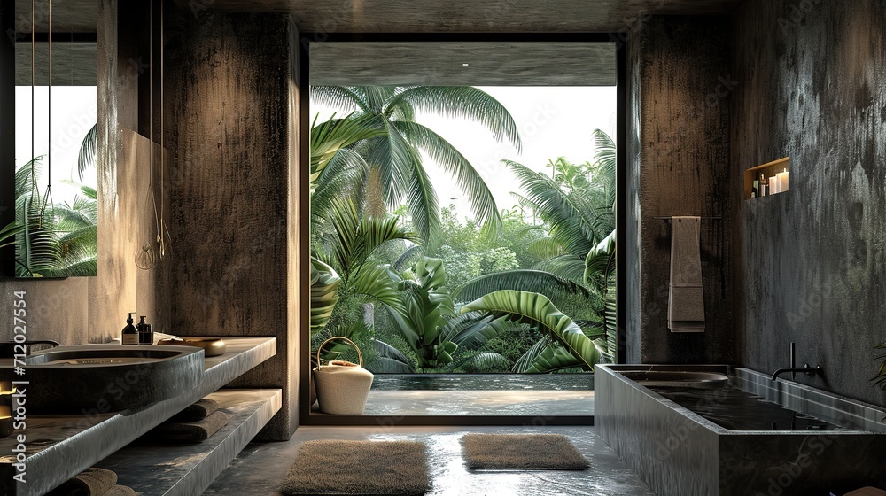3d dark masculine bathroom with concrete walls and contemporary minimal design with view to palm trees