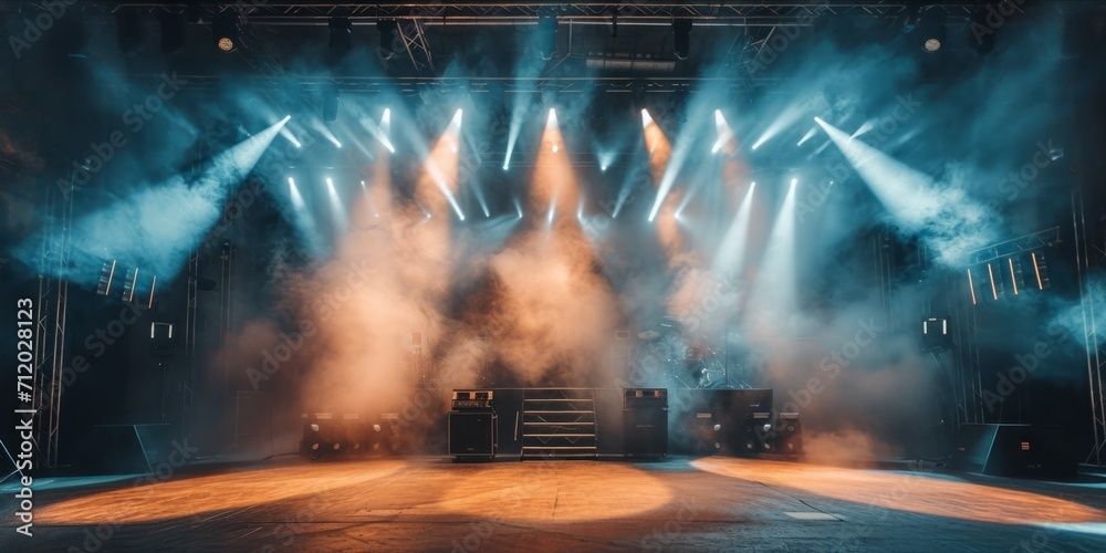 Empty concert stage with dynamic lighting and smoke effects. - obrazy, fototapety, plakaty 