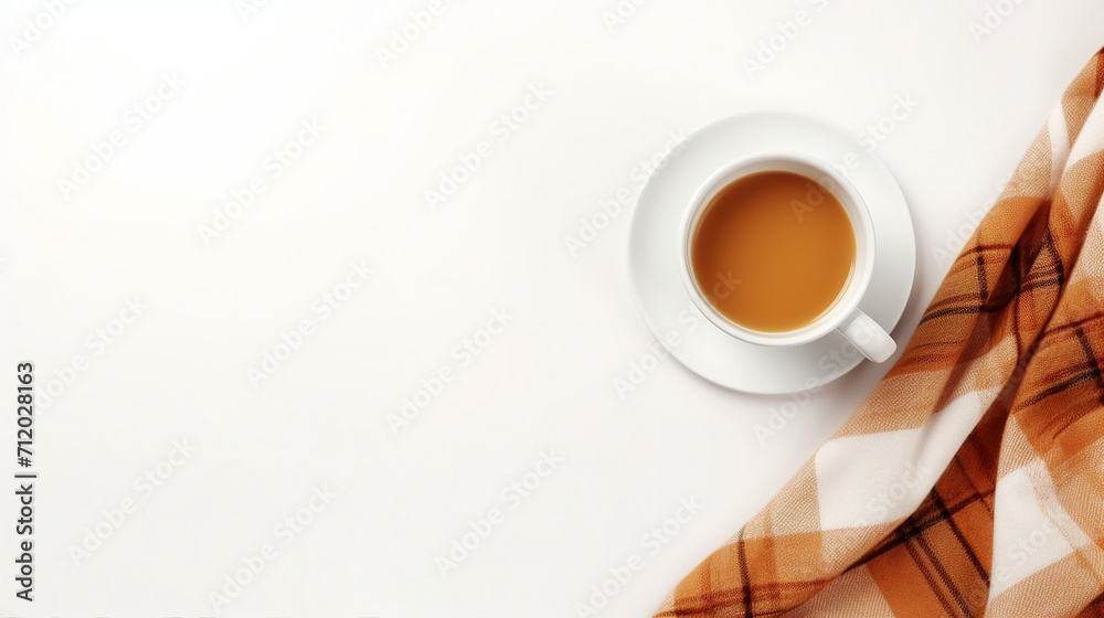 Hygge Autumn Comfort: Plaid and Coffee on White Desk, Cozy Flat Lay Concept