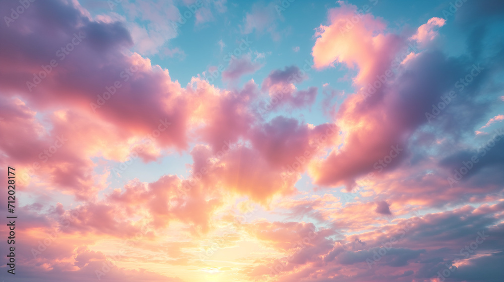 Real majestic sunrise sundown sky background with gentle colorful clouds without birds. - obrazy, fototapety, plakaty 