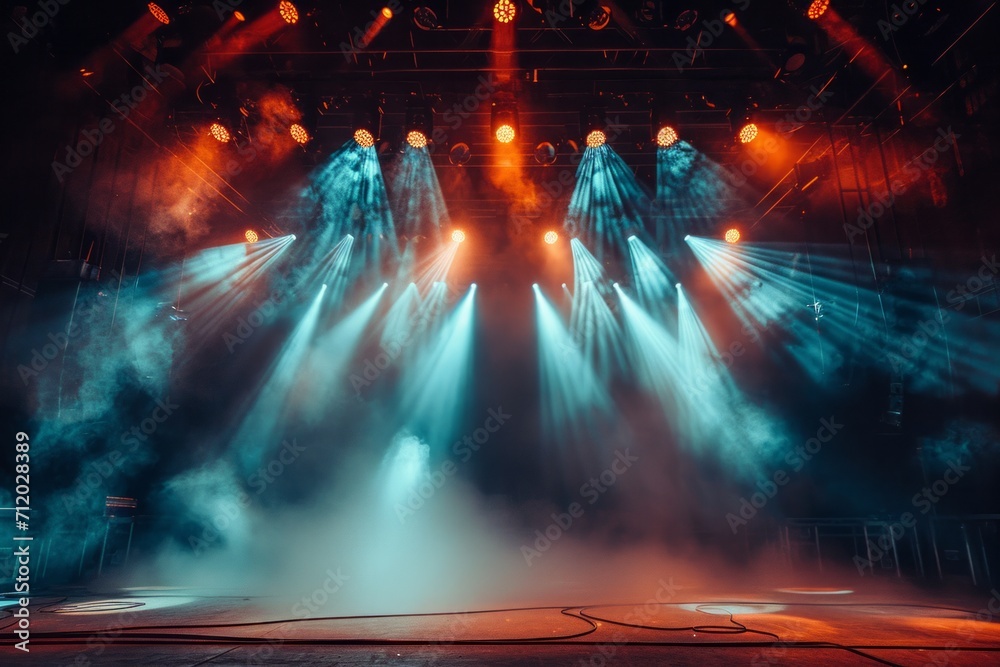 Fototapeta premium Empty concert stage with dynamic lighting and smoke effects.