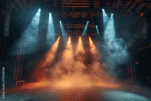 Empty concert stage with dynamic lighting and smoke effects. © ParinApril