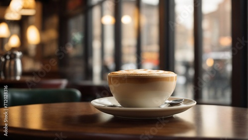 Taza de cappuccino en una cafeter  a sobre una mesa de madera
