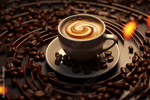 Espresso Art in Cup with Unique Design, Coffee Beans & Straw, Photo