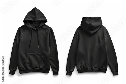 Front and back view of a black hoodie on a white background.
